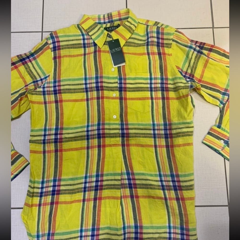 Polo Ralph Lauren yellow plaid madras linen pop-over shirt. $115.